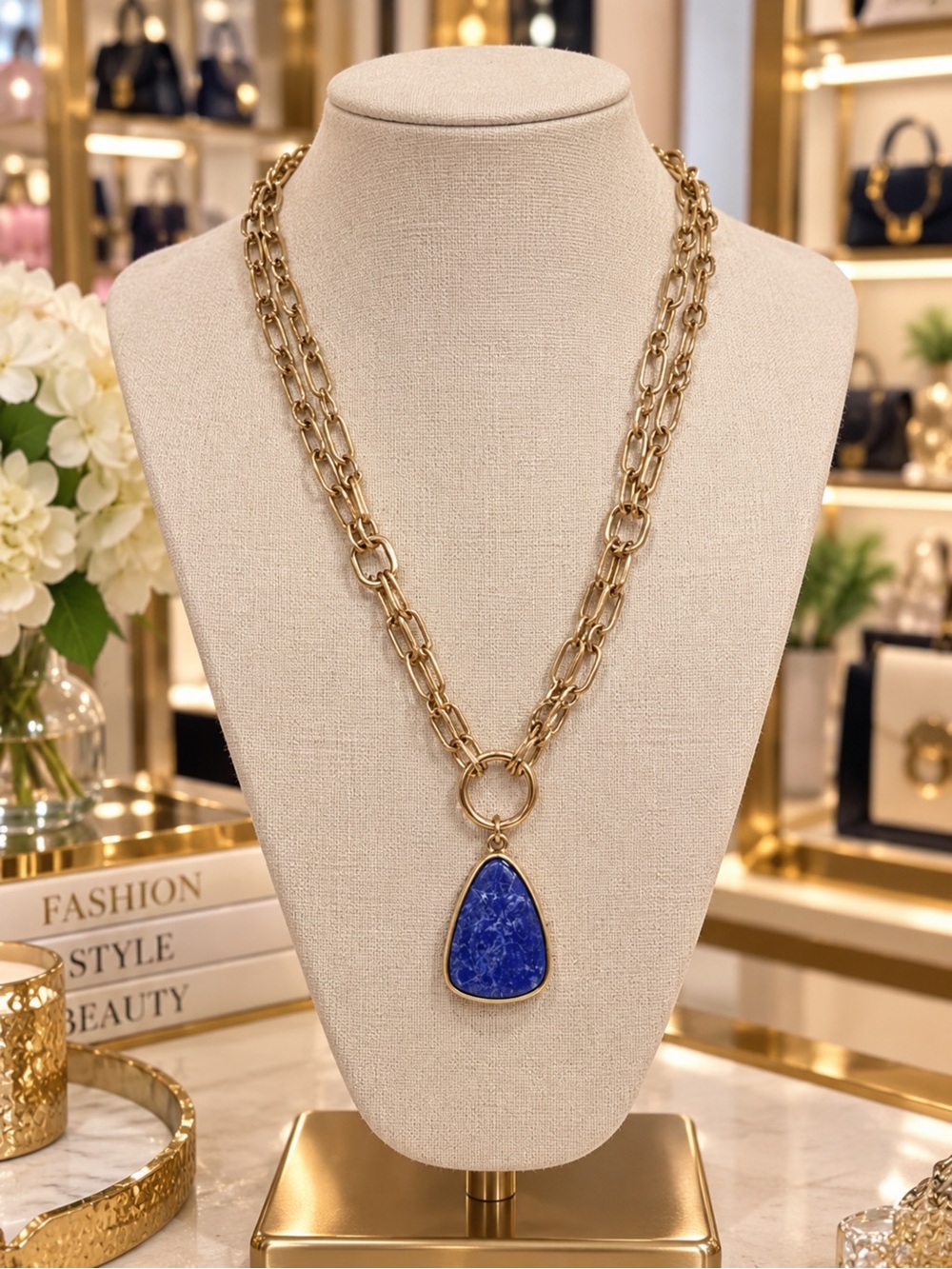 Chain Necklace with Blue Stone Pendant